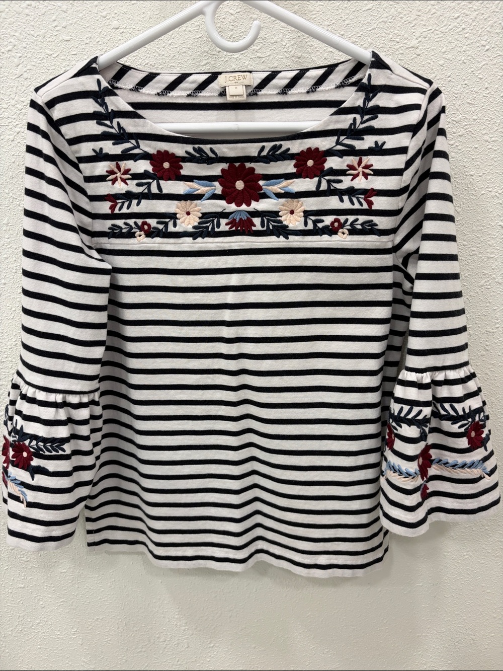 J. Crew Navy and White Striped Embroidered Bell Sleeve Top